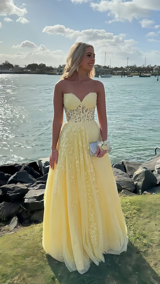 Sweet Yellow Strapless Tulle Appliques Evening Dress A Line Party Prom Dress cc2380