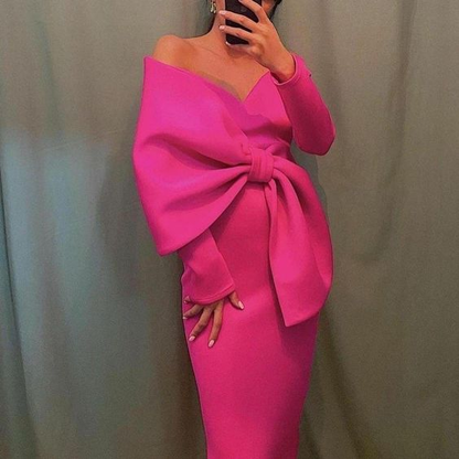 Women's Elegant V-Neck Off Shoulder Long Dress Big Knot Slim Evening Dresses Boutique Occasion Dresses cc640