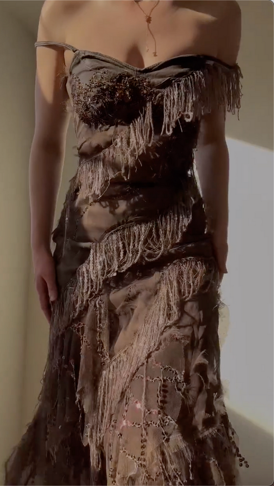Vintage Brown Sequin Beaded Evening Dress,Formal Mermaid Prom Dress cc2765