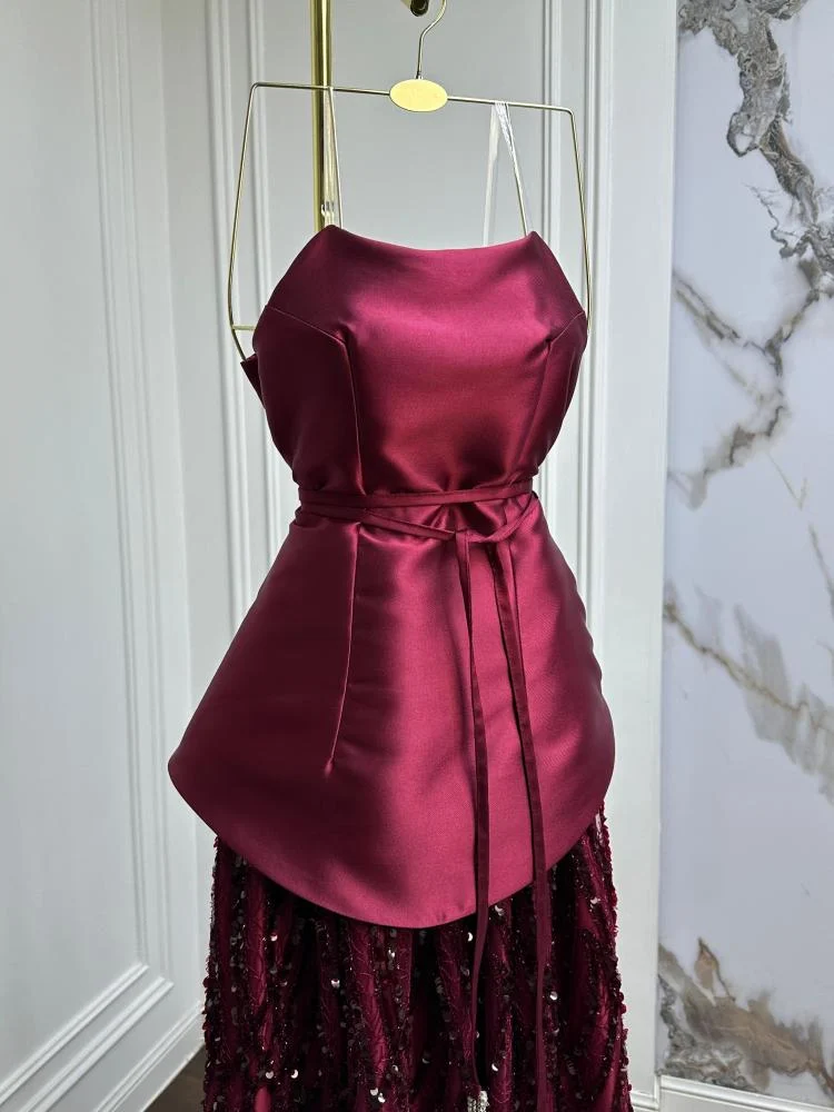 Vintage Burgundy Satin Sequin Evening Dress Formal Prom Dress cc3013