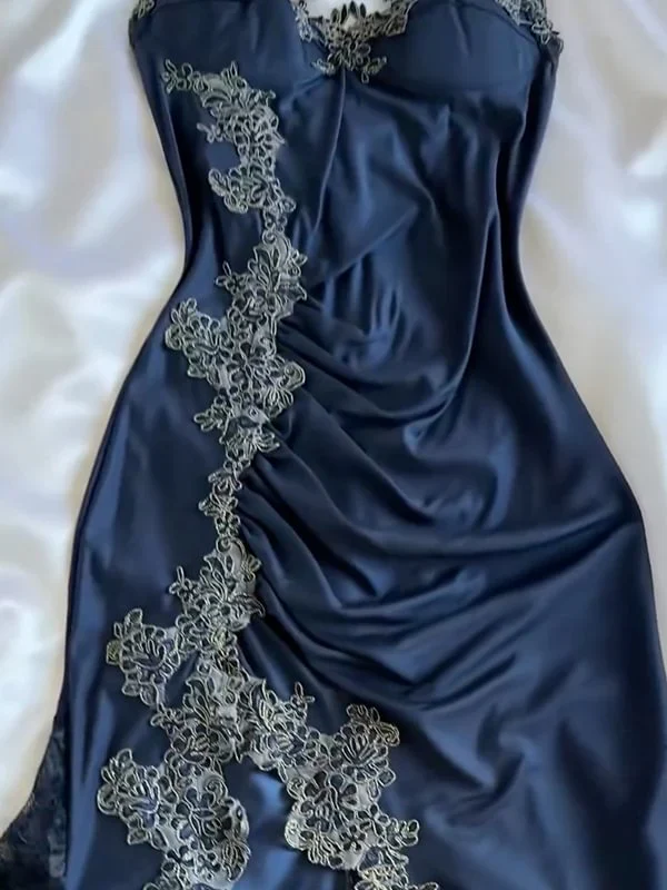 Vintage Navy Blue Satin Lace Appliques Mermaid Evening Dress,Long Party Prom Dress cc2936
