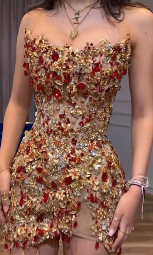 Gorgeous Sheath Strapless Sequin Beaded Gold Formal 8th Grade Homecoming Dress Mini Cocktail Dress cc3434