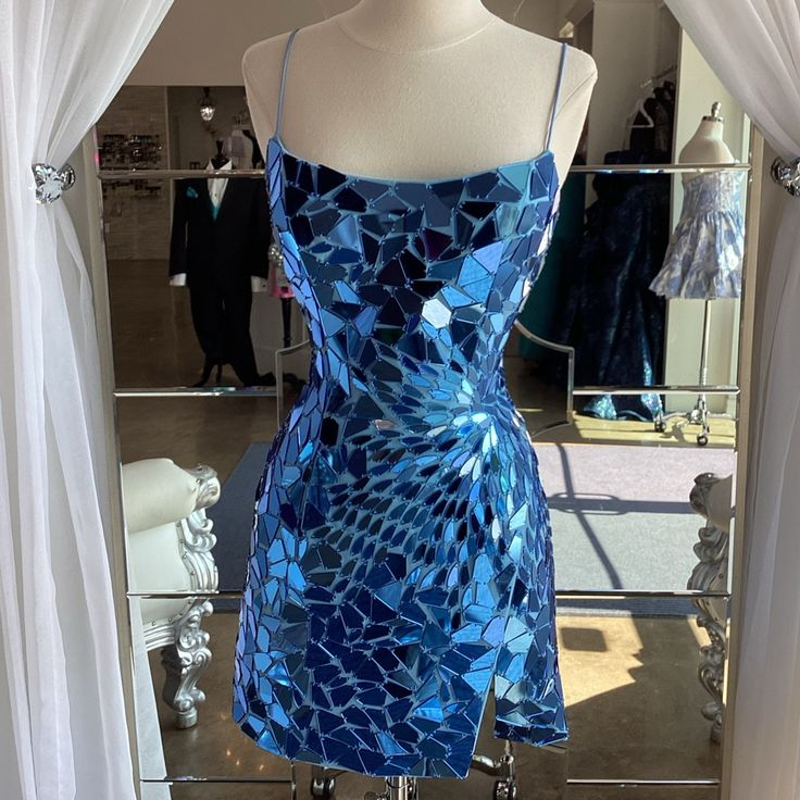 Gorgeous Spaghetti Straps Blue Sequin Sheath Short Cocktail Dress Formal Graduation Homecoming Dress cc3473