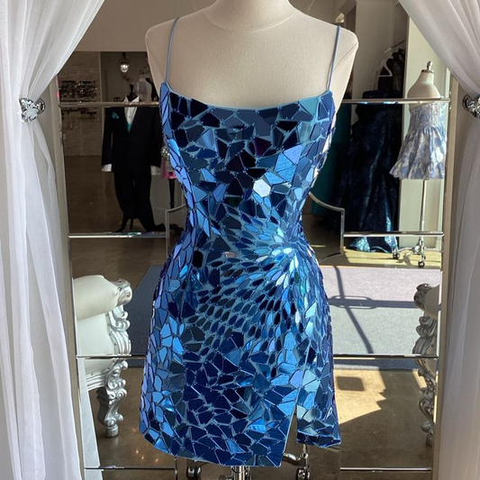 Gorgeous Spaghetti Straps Blue Sequin Sheath Short Cocktail Dress Formal Graduation Homecoming Dress cc3473