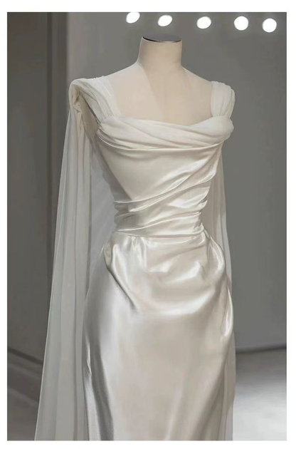 White Satin Pleated Straps Wedding Dress,Elegant Prom Evening Dress  cc2662