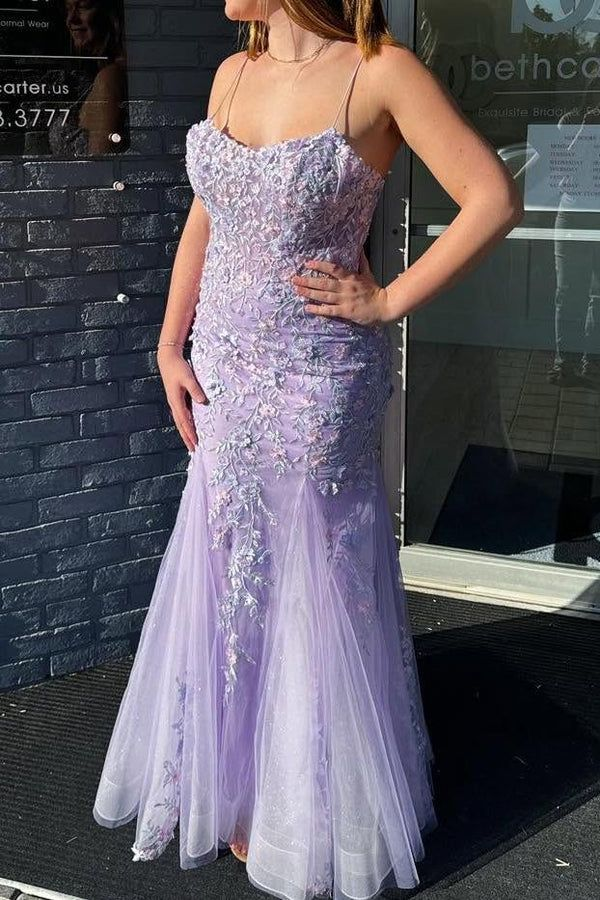 Lavender Tulle Lace Appliques Mermaid Prom Dress,Spaghetti Straps Evening Dress cc2492