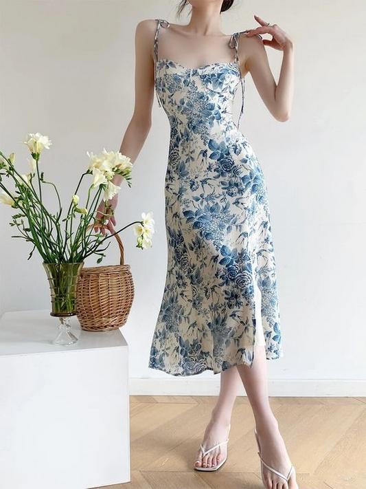 Blue Floral Print Strappy Beach Dress,Elegant Blue Prom Dress  cc1109