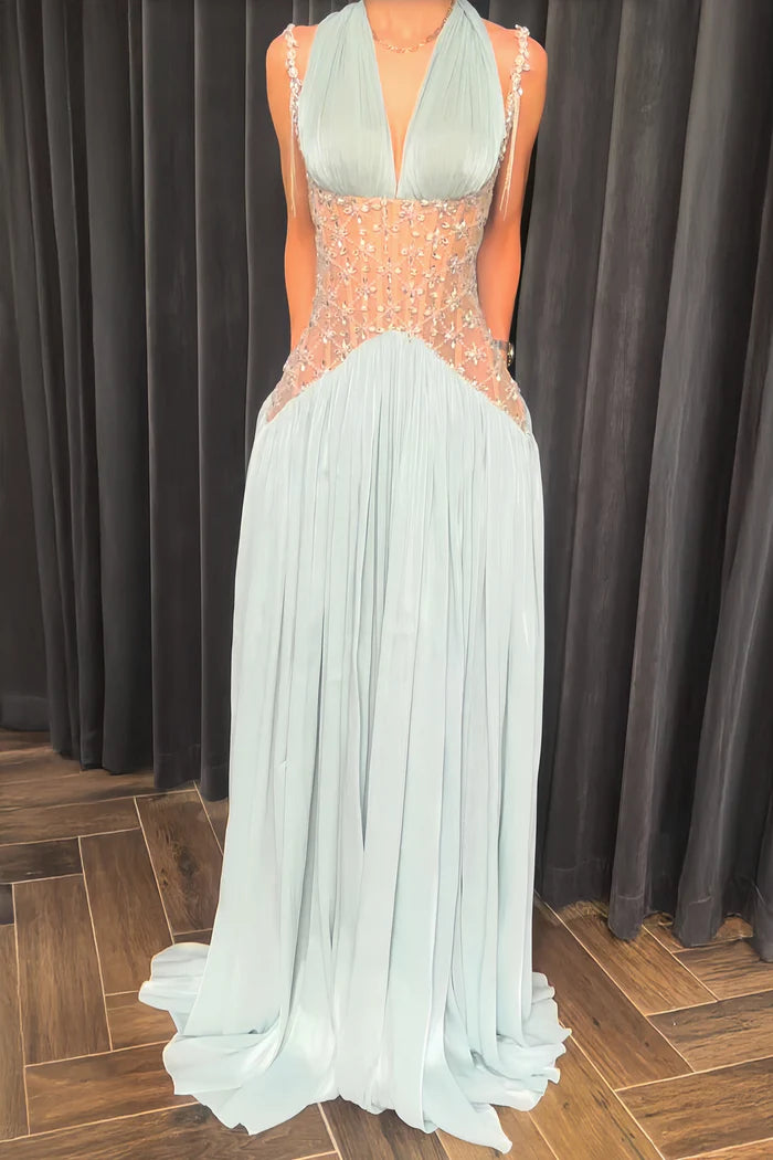 Elegant Light Blue A-line Rhinestone Deep V Halter Neck Chiffon Long Prom Dress Evening Dress cc4948