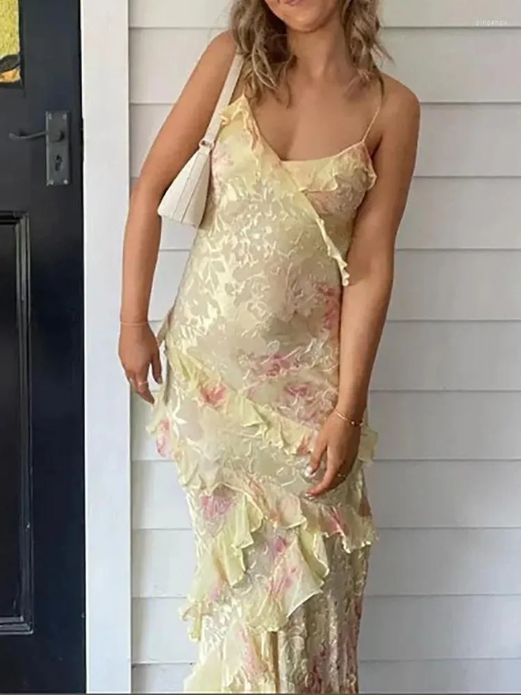 Charming Pink Print Chiffon Ruffles Party Evening Dress Long Prom Dress cc1809