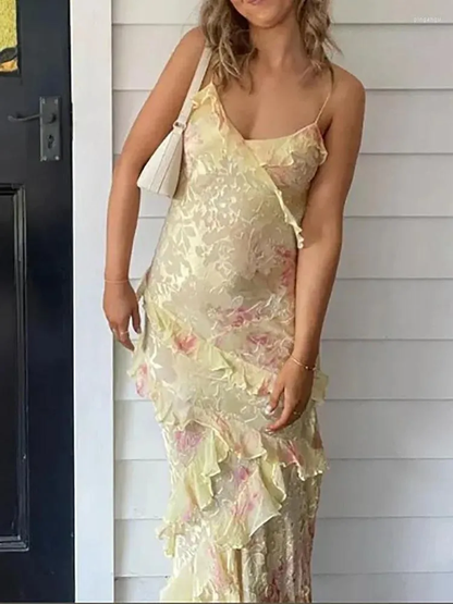 Charming Pink Print Chiffon Ruffles Party Evening Dress Long Prom Dress cc1809