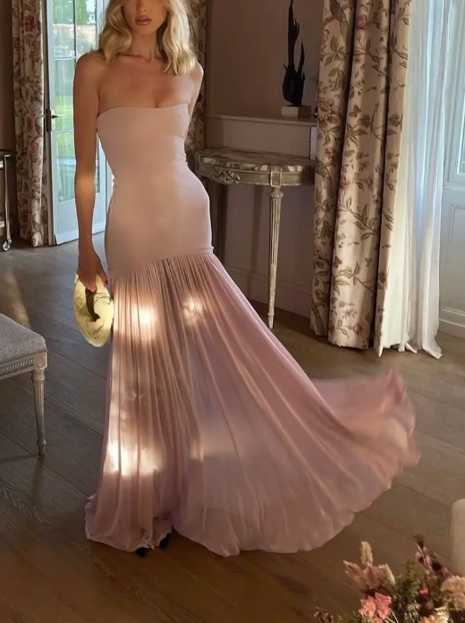 Pretty Pink Strapless Chiffon Birthday Party Dress Long Prom Dress cc2113