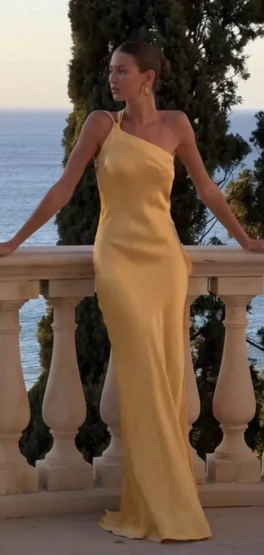 Elegant Yellow One Shoulder Backless Evening Dress Long Prom Dress cc2336