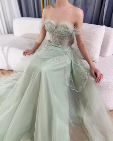 Off The Shoulder Tulle Beaded Evening Dress,Shiny Sage Green Prom Party Dress cc2584