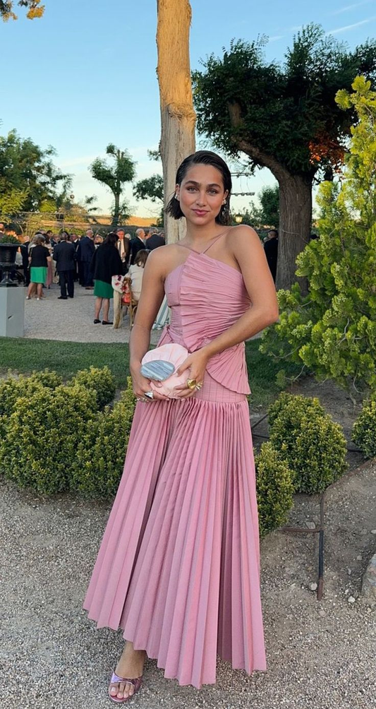 Unique Pink Satin Pleated Prom Party Dress cc2325