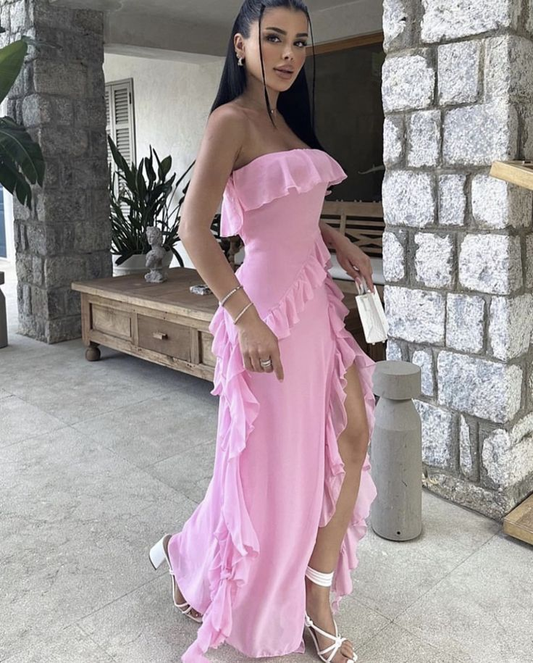 Pink Strapless Chiffon Ruffle Evening Dress,Slit Party Prom Dress cc2642