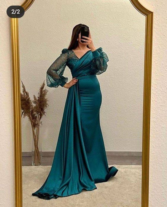 Mermaid V Neck Satin Evening Dress Long Sleeves cc1253