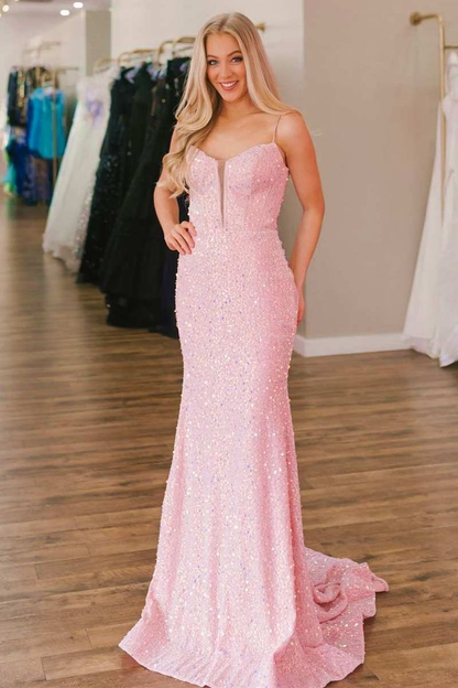 Royal Blue Sequin Split Neck Mermaid Long Prom Dress cc782