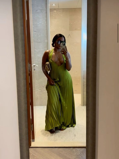 Unique Halter V Neck Pleated Floor Length Green Prom Dress,Party Evening Dress cc2406