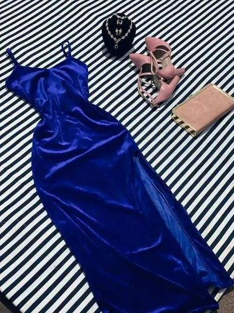 Sexy Spaghetti Straps Velvet Sheath Slit Evening Dress Blue Party Prom Dress cc1879