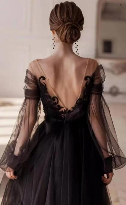Elegant Black Off-shoulder Tulle Lace Top A-line Ankle-length Prom Dress C2381