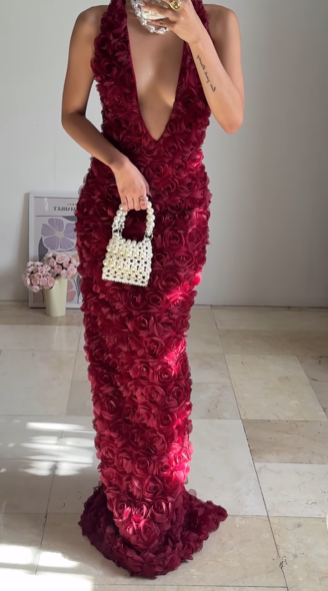 Gorgeous Deep V Burgundy Rose Flowers Long Party Evening Dress,Sheath Prom Dress cc2932