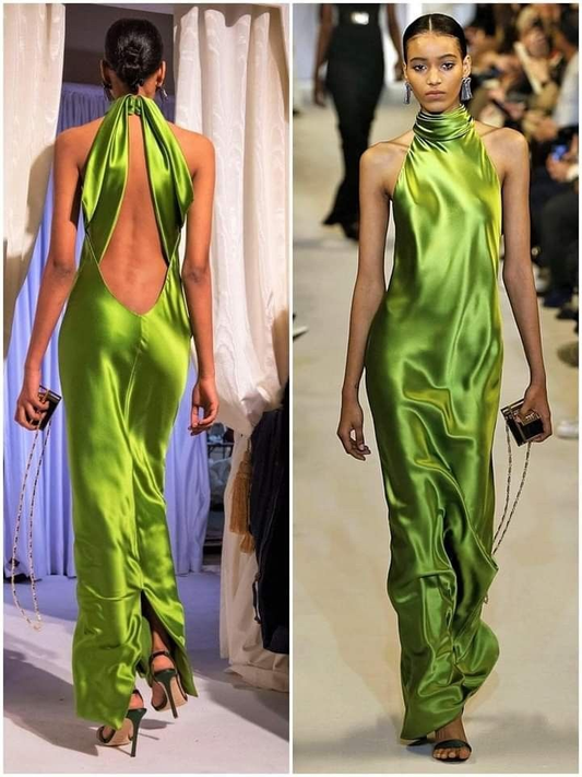 Elegant Green Satin Halter Long Party Dress,Backless Prom Evening Dress cc2948