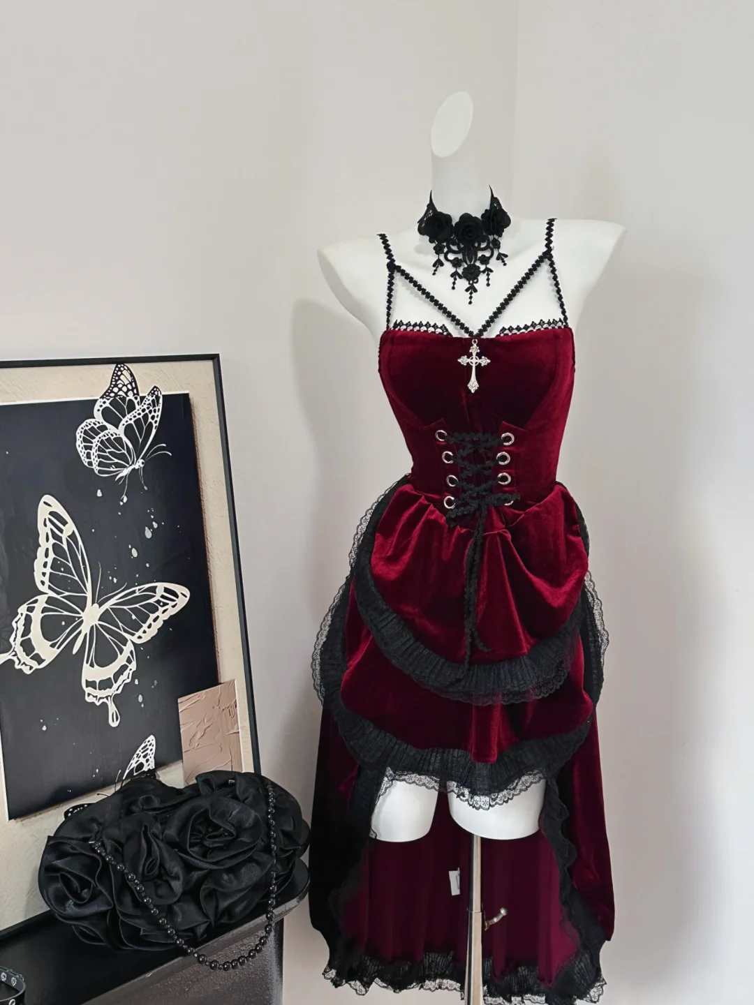 Elegant Burgundy Spaghetti Straps Velvet Lace 7th Grade Homecoming Dress Birthday Outfits cc3224