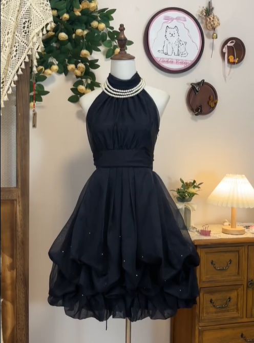 Simple Black Halter Tulle A Line 7th Grade Homecoming Dress Cocktail Dress cc3256