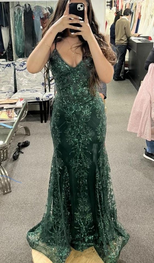 Unique Green Lace Mermaid Evening Gown Long Prom Dress cc2342