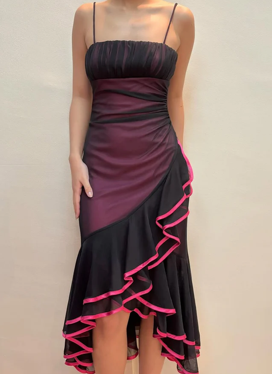 Vintage Straps Mermaid Ruffle Prom Dress Unique Chiffon Party Evening Gown cc2039