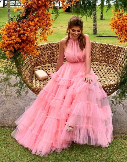 A Line Layered Pink Prom Dresses Long,Pink Formal Evening Dresses cc542