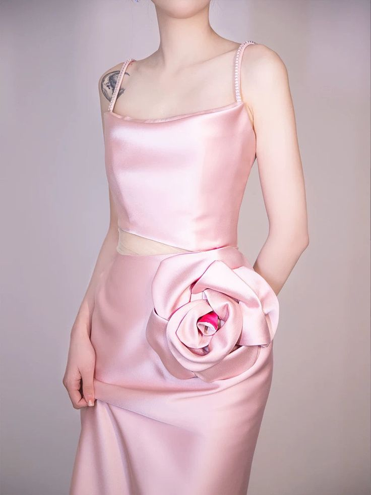 Elegant Pink Straps Sheath Prom Dress Evening Dress With Rose Flowers cc2169