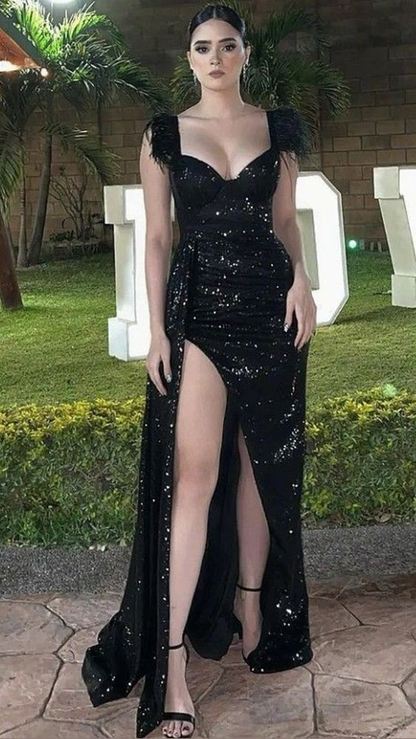 Sweetheart Black Sequin Side Slit Long Evening Prom Dresses cc1064