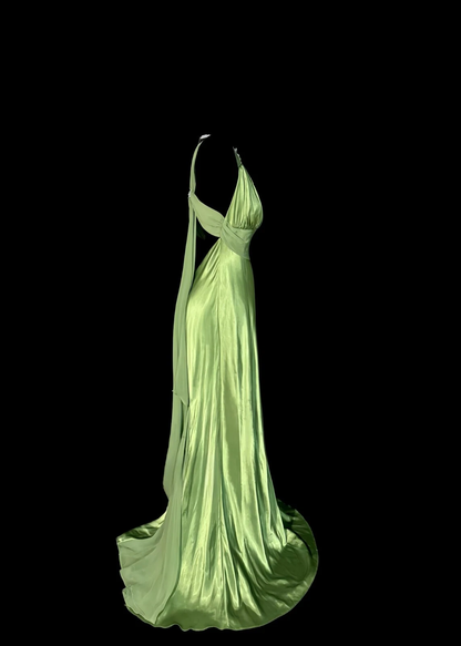 Sexy Green Prom Dress Satin V-Neck Backless Pleated Evening Dress cc3015