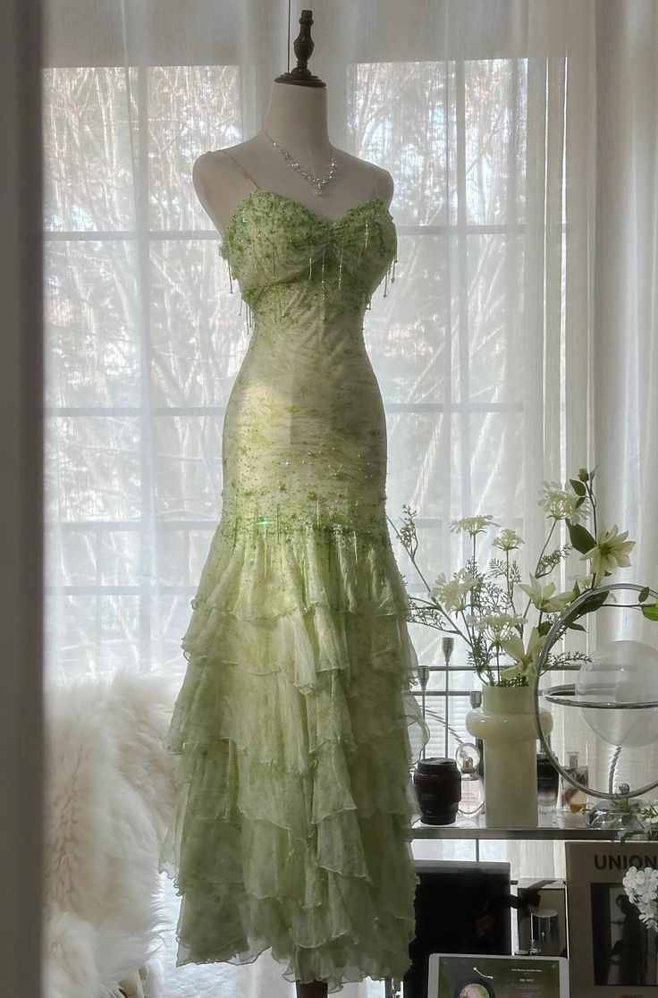 Classy Light Green Chiffon Beaded Mermaid Evening Dress,Spaghetti Straps Multi Layered Party Prom Dress cc3000