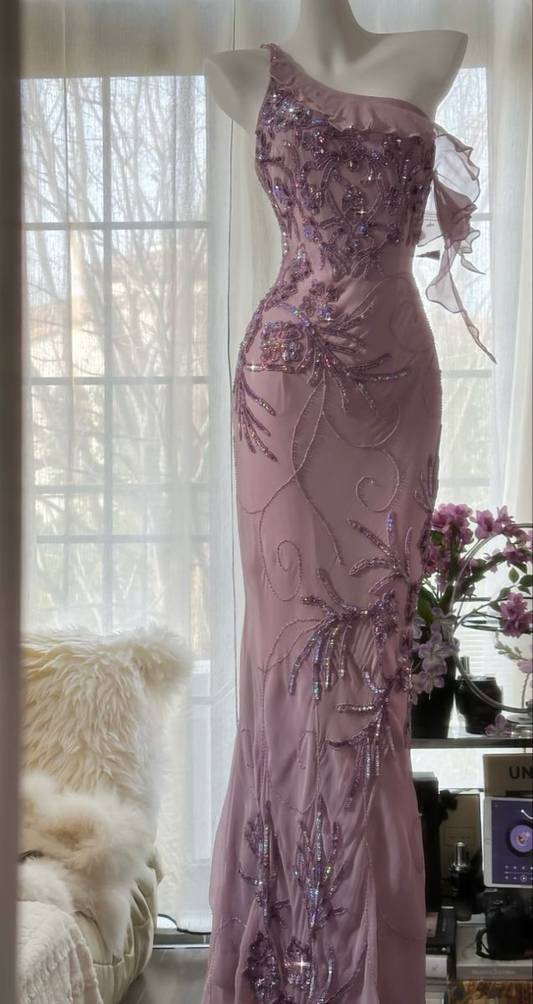 Sexy Purple Beaded Chiffon Prom Dress,One Shoulder Sheath Evening Dress cc3005