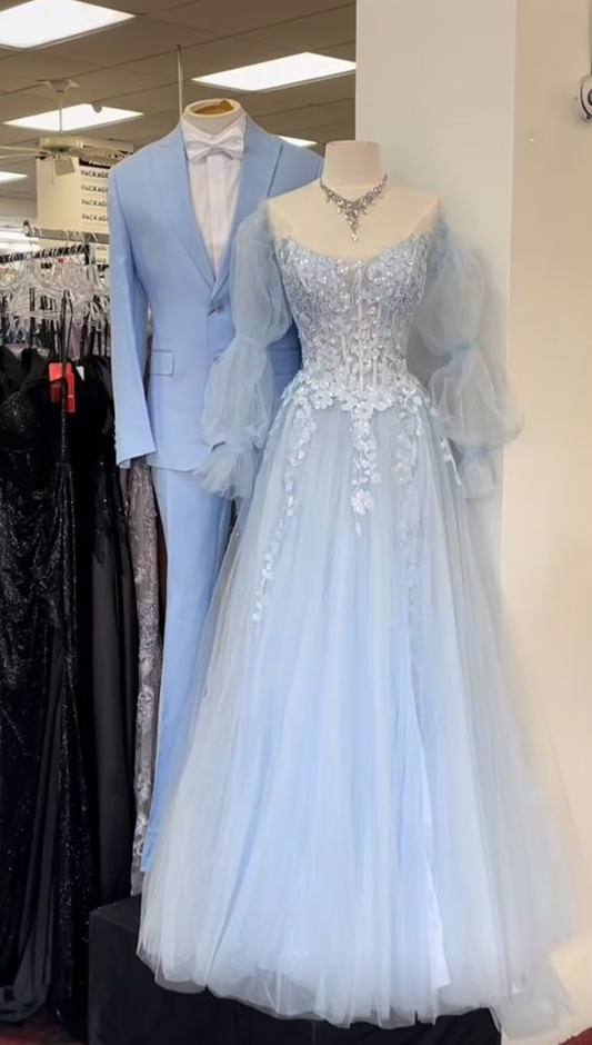 Light Blue A-line Lace Tulle Prom Dress,Fairy Princess Dress cc1259