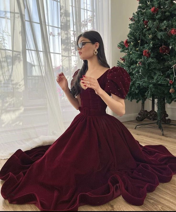 Dark Red Velvet V Neck Short Puff Sleeve Beaded A Line Floor Length Evening Dress cc600