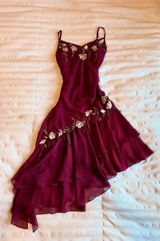 Classy Spaghetti Straps Burgundy Chiffon Short Party Dress Formal Homecoming Dress cc3363