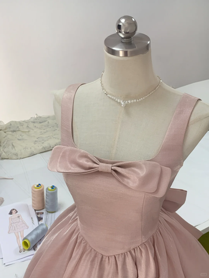 Sweet Pink Bow Square Neck Satin A Line Cocktail Dress Formal 7th Grade Homecoming Dress With Bow cc3443