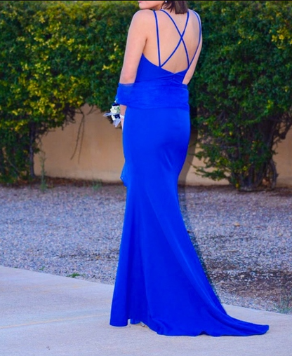 Beautiful Royal Blue Spaghetti Straps Mermaid Evening Dress,V Neck Party Prom Dress With Slit cc1798