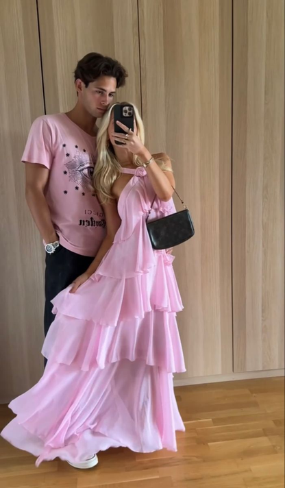Women's Pink A-line Tiered Prom Dress,Pink Backless Evening Dress cc1207