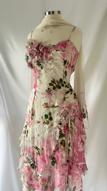 Beautiful Straps Chiffon Print Floral Evening Dress Formal Party Prom Dress cc2069