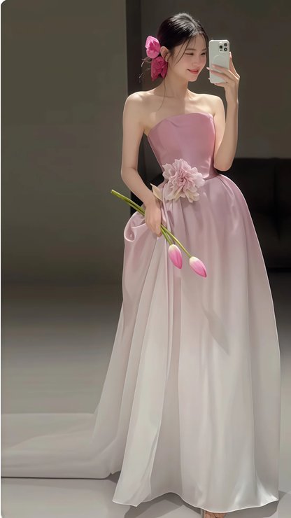 Fairy Ombre Pink Strapless Party Evening Dress,Formal Prom Dress With Flowers cc2238