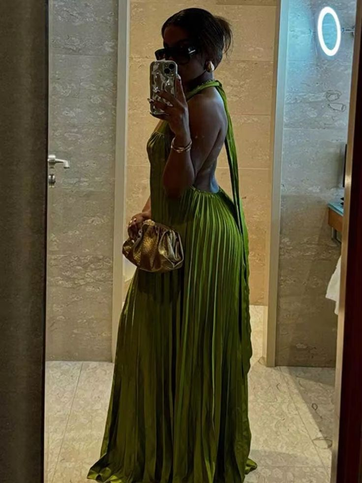 Unique Halter V Neck Pleated Floor Length Green Prom Dress,Party Evening Dress cc2406