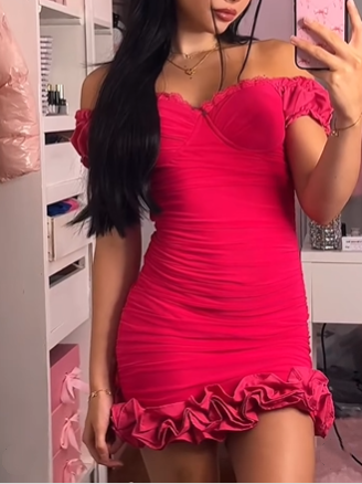 Pretty Hot Pink Off The Shoulder Sheath Ruffles Short Homecoming Dress Cocktail Dress cc3407