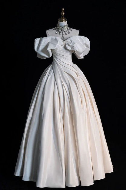 White  Off the Shoulder Puffy Wedding Dress, Floor Length Satin Bridal Dresses cc1156