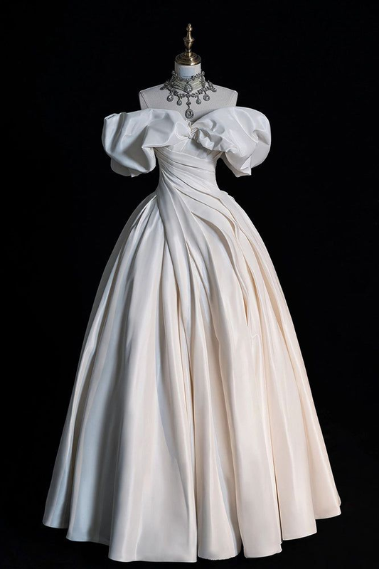 Ivory Off the Shoulder Puffy Wedding Dress, Floor Length Satin Bridal Dresses cc1156