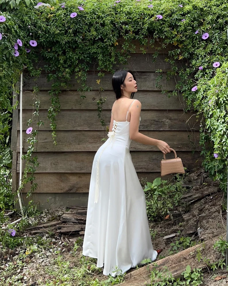 Simple White Satin Spaghetti Straps A Line Party Dress Elegant Prom Dress Evening Gown cc1890