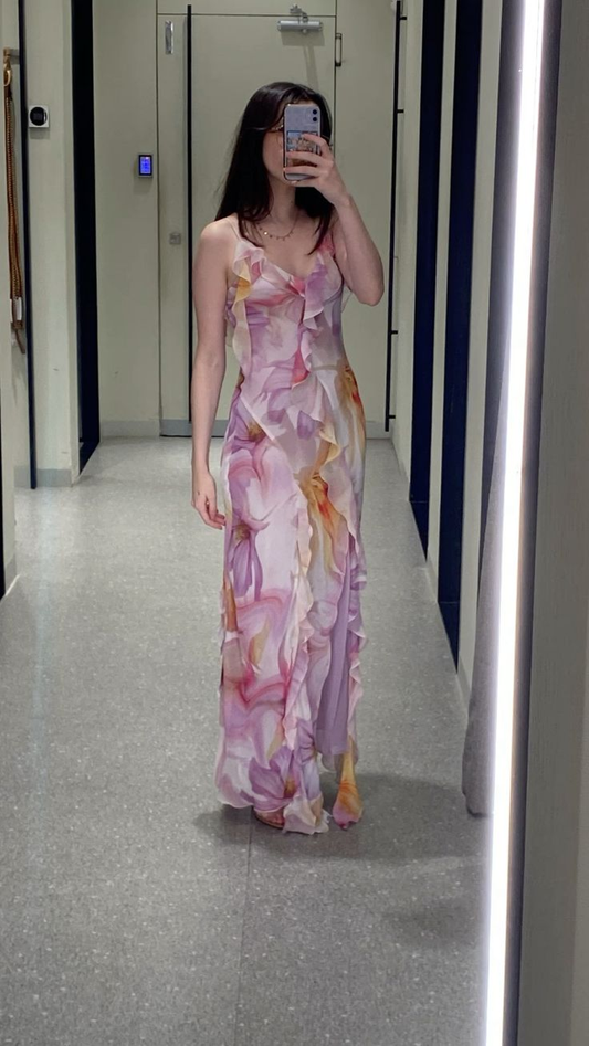 Elegant Chiffon Print Floral Ruffles Evening Dress Formal Party Prom Dress cc2195